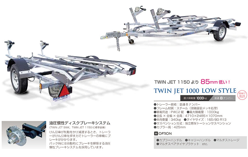 SOREX TWIN JET 1000 LOW STYLE 2-boat capacity Steel frame Regular 8 license plate Maximum load capacity 1000kg Towing license required Trailer