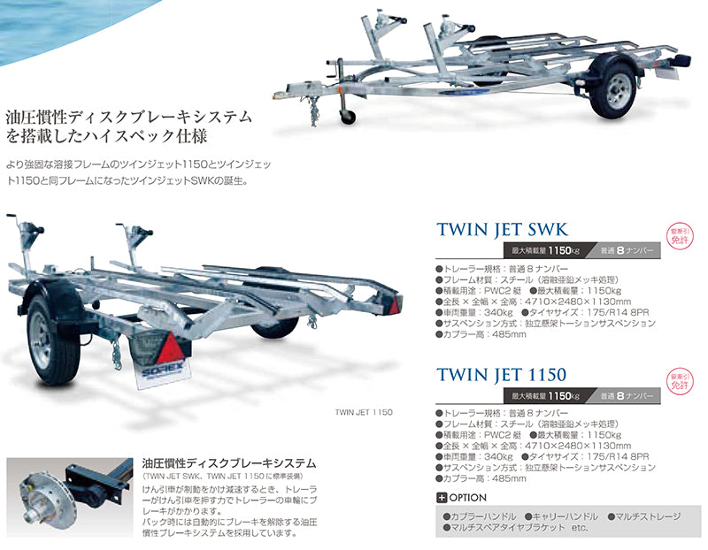 SOREX TWIN JET SWK 2-boat capacity Steel frame Regular 8 license plate Maximum load capacity 1150kg Towing license required Trailer