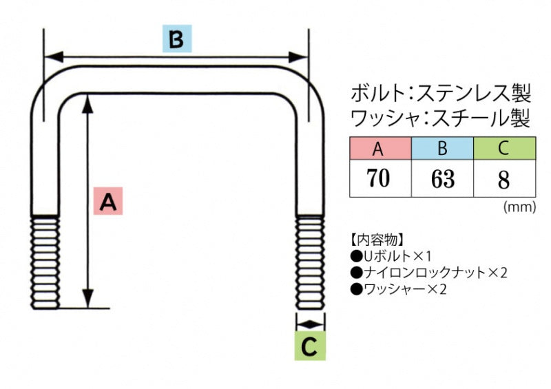 ステンレス角型 Uボルトキット 70 x 63 x φ8 トレーラー部品 ボートトレーラー 0903-01
