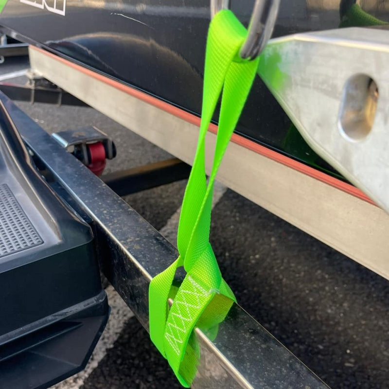 Tie-down sub-belt, 2 pieces, cargo fixation, lashing, extension, load collapse prevention, load stopper, boat trailer supplies, PWC trailer, loading platform related