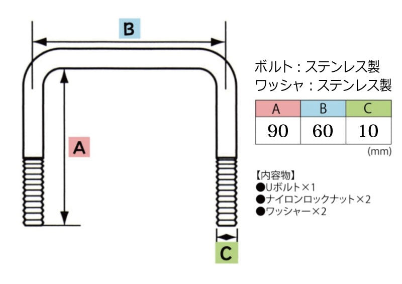 ステンレス 角型 Uボルト コ型ボルト 90×60×φ10 U-SUS1001